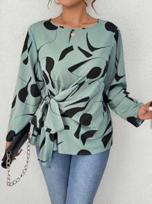 Calvaya Plus Size Asymmetrical Geometric Print Fabric Long Sleeve Shirt With Tie Hem Bow, Casual Wear And Office Commute
