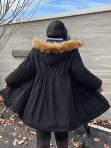 SHEIN EZwear 大码女式黑色夹棉大衣，保暖，寒冷天气，秋装，羊毛，女式冬装 - 黑色 - 查看 2