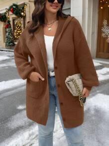 SHEIN LUNE Plus Size Women Solid Color Drop Shoulder Long Sleeve Pocket Casual Hoodie Cardigan, Autumn/Winter - Coffee Brown - View 3