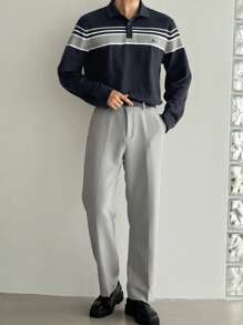 DAZY Áo thun polo nam tay dài kẻ sọc thường ngày đi làm, mùa thu - Màu xanh lam - Xem 5