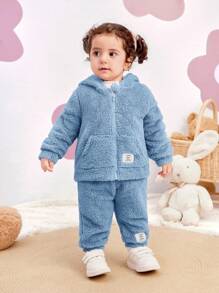 SHEIN 2pcs Baby Girl Cute Solid Color Fluffy Hooded Jacket And Pants Set, Autumn/Winter - Blue - View 6