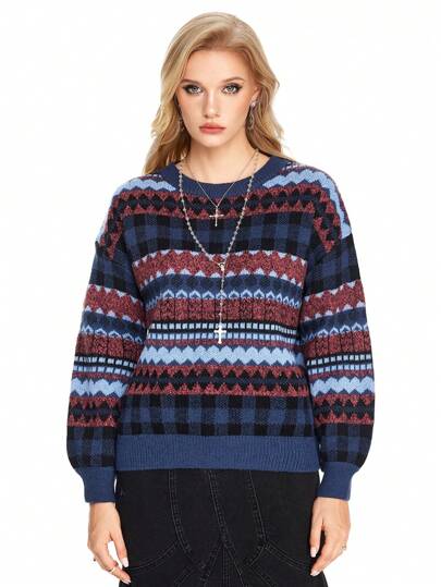 Fairycore Pull ample casual à manches longues, col rond, motif géométrique pour femmes, adapté à l'automne/hiver