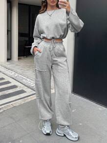 INAWLY 2 stuks dames casual ronde hals lange mouw top en voorkant strik broek set