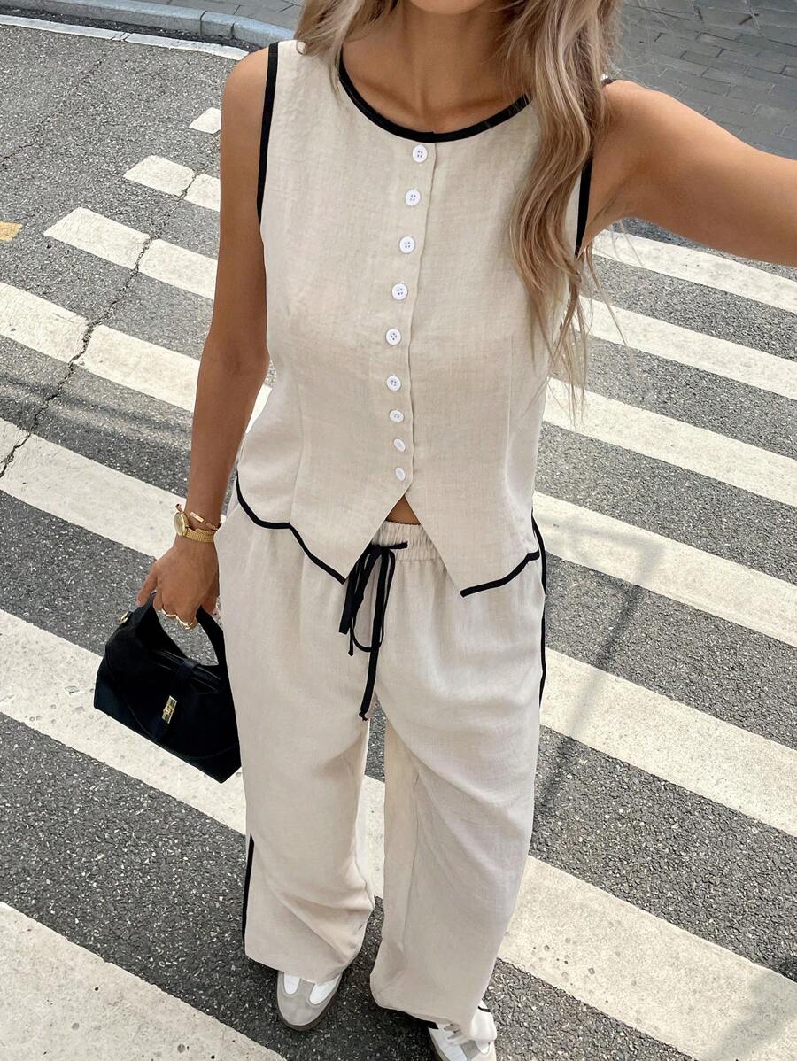 Serisse 2 件女式拼色滚边前扣圆领无袖上衣和抽绳长裤套装，法式撞色饰边杏色和黑色圆领无袖两件套西装，上衣和裤子 2 件女式休闲优雅通勤西装 - 杏色 - 查看 1