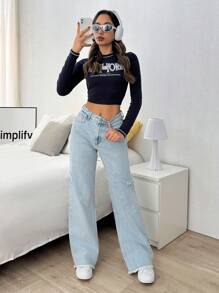 EURMUSE HIGH RISE WIDELEG RIPPED LIGH BLUE JEAN - Light Wash - View 5