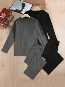 SHEIN 4pcs/Set Teenager Boys Casual Loose Comfy Letter Print Knitted Loungewear Set, Long Sleeve Top And Pants, Retro Sporty Style - Grey - View 2