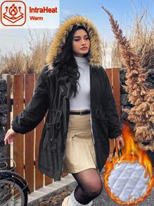 SHEIN EZwear 大码女式黑色夹棉大衣，保暖，寒冷天气，秋装，羊毛，女式冬装 - 黑色 - 查看 1