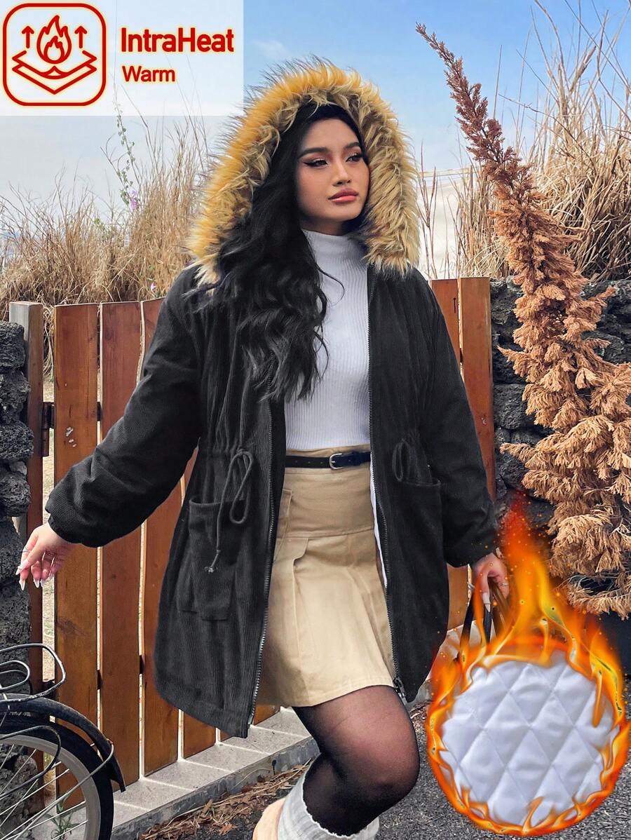 SHEIN EZwear 大码女式黑色夹棉大衣,保暖,寒冷天气,秋装,羊毛,女式冬装 - 黑色 - 查看 1