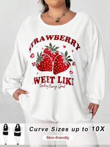 SHEIN CURVE+ Casual Strawberry Pattern Crew Neck Long Sleeve Plus Size Sweatshirt, Suitable For Autumn And Winter - White - View 4