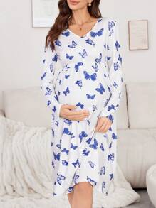 Camisón de maternidad de manga larga, cuello en V, estilo holgado con estampado de mariposas
