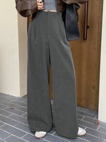 DAZY 女式条纹阔腿裤，带褶饰和松紧腰口袋，女式秋季正装裤 - 灰色 - 查看 7