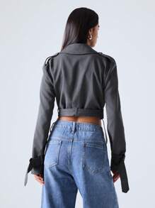 SHEIN EZwear 女士休闲纯色短款风衣，秋季 - 灰色 - 查看 2