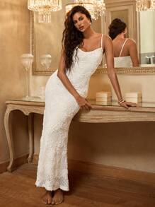 Opulessa Fall And Winter Party Christmas Sexy Party ElegantSolid Color Knit Fitted Dress With Slit For Women,For Autumn And Winter - White - View 5