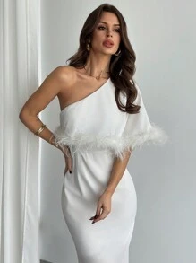 Firerie Elegant Romantic Sexy White Asymmetric Satin Feather Bodycon Party Dress, Autumn/Winter New Arrival - White - View 3