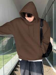 DAZY Men's Solid Color With Pocket Hooded Casual Long Sleeve Sweatshirt, Fall - Brown - View 4