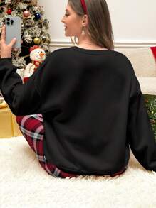 INAWLY 大码女式圣诞圆领长袖字母印花休闲卫衣套头衫秋季款 - 黑色 - 查看 2