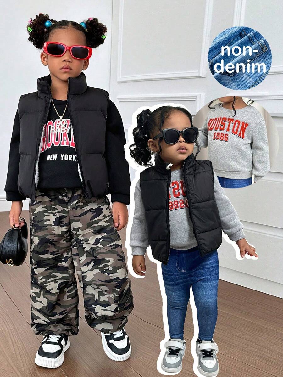 SHEIN 3pcs/Set Baby Girl Cute Black Fleece Vest Jacket, Letter Print Hoodie And Elastic Waist Pants For Autumn/Winter - Black - View 1