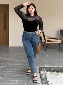 Dazy Plus 大码撞色网纱天鹅绒高领修身T恤，春夏秋季外出上衣女装 - 黑色 - 查看 3