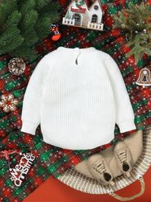 SHEIN Bộ đồ liền thân trùm đầu dệt kim dài tay dễ thương nửa xanh nửa trắng cho bé trai, thoải mái & mềm mại, thích hợp mặc hàng ngày, đi chơi, du lịch, ngày lễ, ở nhà, nhà trẻ & vui chơi, cho Giáng sinh - Xanh và trắng - Xem 2
