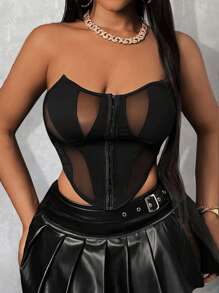 Slaydiva 感恩节弹力性感透视网纱拼接纯色女士上衣，节日派对街头风，百搭设计 - 黑色 - 查看 1