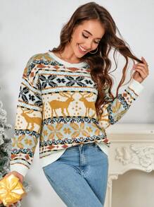 Chiquease Women Casual Everyday Deer Pattern Round Neck Sweater, Autumn/Winter Knit Pullover Fall - Yellow - View 3