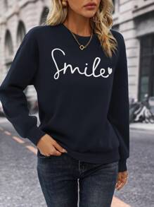 SHEIN LUNE 女士秋冬圆领长袖刺绣字母休闲运动衫 - 藏蓝色 - 查看 4