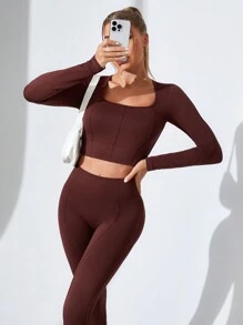 Easithlete 女士运动服 2 件套长袖上衣和长裤套装，休闲运动风格 - 棕色 - 查看 6