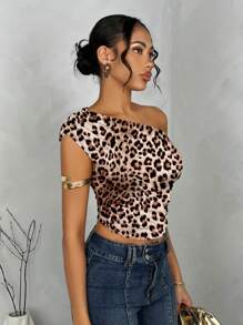 SHEIN BAE Casual Leopard Print Women Asymmetric Ruched Cropped Shoulder Top, Spring/Summer - Brown - View 4