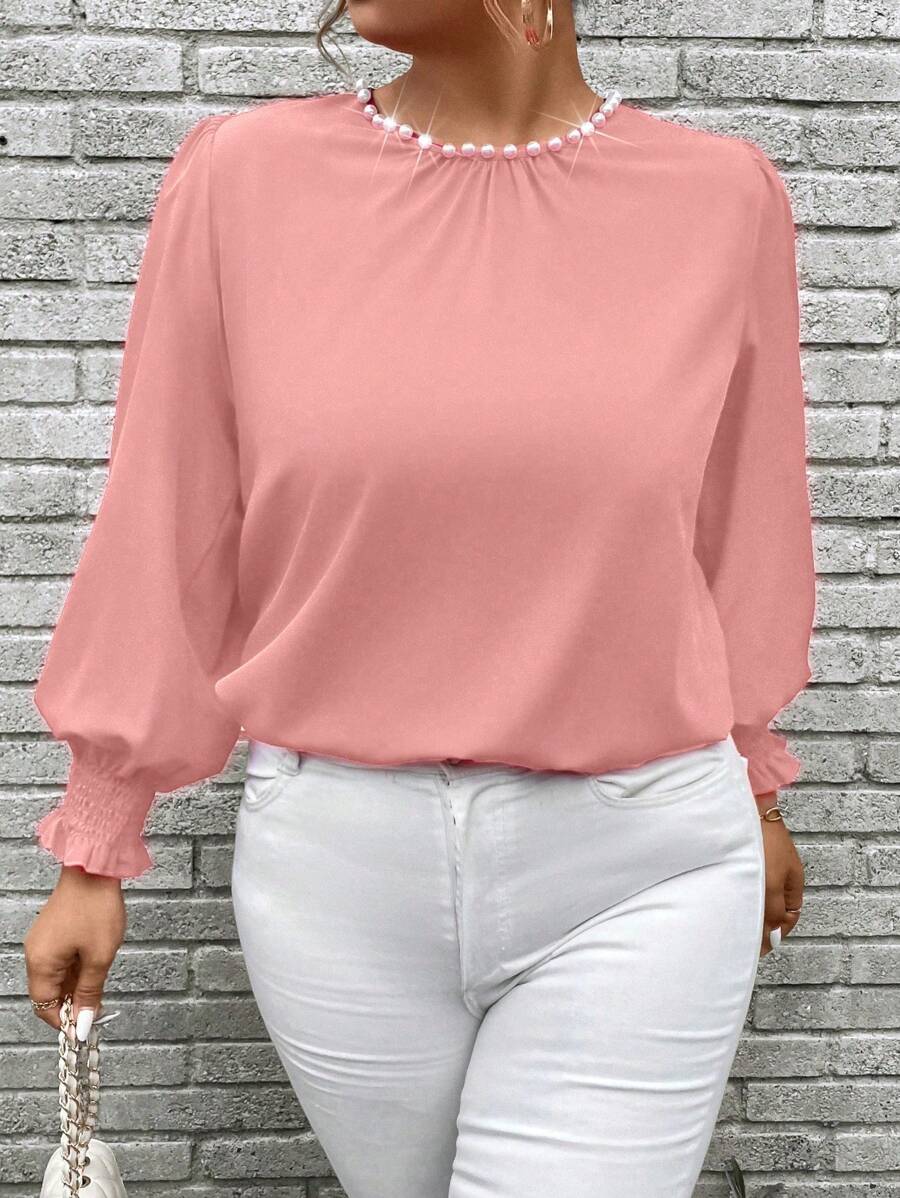 Celure 大码纯色珍珠装饰办公室通勤长袖衬衫 - 淺粉色 - 查看 1