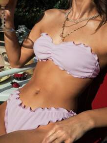 Swim Mod Women's Solid Color Ruffled Bandeau Sexy Bikini Set, Suitable For Beach Resort Summer - Baby Pink - View 5