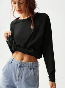 Bohemela Vacation Solid Color Knit Crew Neck Raglan Long Sleeve Loose Fit Maxi Tee For Women - Black - View 8