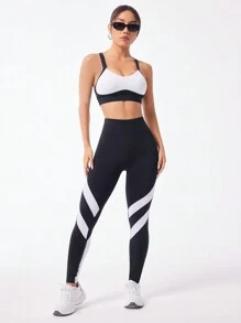 Easithlete 女士纯色抽绳连帽运动衫和撞色缝线吊带紧身裤运动套装连帽衫套装 - 彩色 - 查看 5