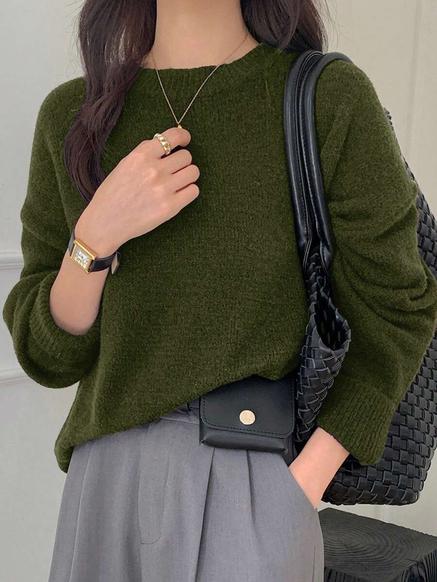 Dazy-Less 1 Áo len dệt kim dáng rộng màu trơn cho nữ, Quần áo mùa thu - Màu xanh lá cây đậm - Xem 1