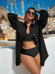 SHEIN X Sofía Suescun Swim Vcay Cardigan lungo con maniche lunghe e bottoni con riga singola, per taglie comode, adatto per vacanza e spiaggia estiva