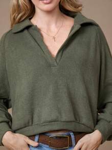 WESTFADE Spring Brushed Rib Knit Long Raglan Sleeve Polo Neck Top - Olive Green - View 2