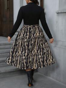 SHEIN LUNE 大码女式秋冬立领拼布格子下摆长袖优雅办公室连衣裙冬季连衣裙感恩节服装节日服装节日派对连衣裙加大连衣裙