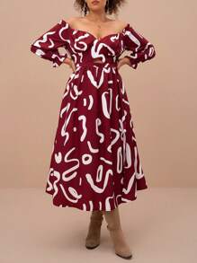 SHEIN VCAY Plus Size Red Letter & Geometric Off Shoulder Long Sleeve A-Line Split Hem Dress, Romantic Holiday/Date Party Backless Open Back Dress For Christmas New Year - Red and White - View 5