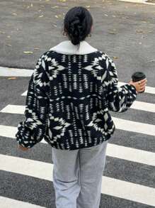 SHEIN Essnce Women's Geometric Pattern Drop Shoulder Loose Fluffy Jacket, Long Sleeve, Autumn/Winter