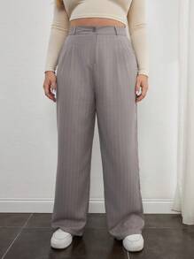 RueChic Plus Striped Print Wide Leg Suit Pants - Light Grey - View 3