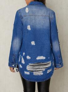SHEIN SXY 休闲宽松破洞长款牛仔夹克，百搭前开长袖个性春秋女外套 - 藍色 - 查看 2