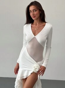 Aloruh New V-Neck Pullover Long Sleeve Dress With 3D Floral Decor & Multi-Layered Ruffle Hem, Long Length - White - View 4