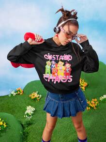 Teletubbies X SHEIN 女士休闲可爱卡通 Tinky Winky Dipsy Laa-Laa Po 和字母印花落肩宽松连帽运动衫，春秋装，黑色冬季圣诞节 - 黑色 - 查看 4