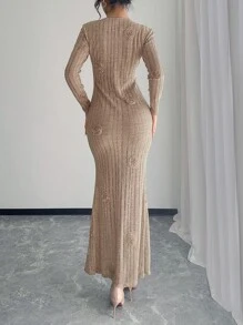 SHEIN Unity Knit Textured V-Neck Slim Fit Knee-Length Dress For Women Maxi Women Outfit Fall Cloth For Women - Khaki - View 2