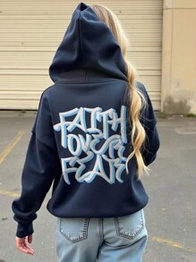 Muchica 休闲简约“Faith Over Fear”涂鸦字母印花街头服饰图案超大厚连帽衫，冬季女款 - 藏蓝色 - 查看 1