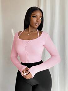 BamGleam Women Spaghetti Strap Sleeveless T-Shirt With Zipper, Pink