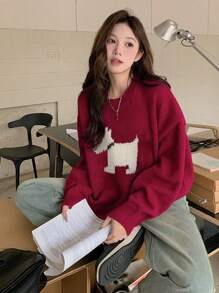 DAZY Women Loose Fit Round Neck Dog Pattern Knit Sweater,Fall Clothes Christmas,New Year