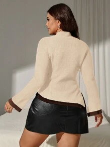 SHEIN Clasi Plus Size Contrast Color Trim Asymmetrical Hem Elegant Long Sleeve Pullover Sweater, For Winter Knit Pullover Fall - Apricot - View 2