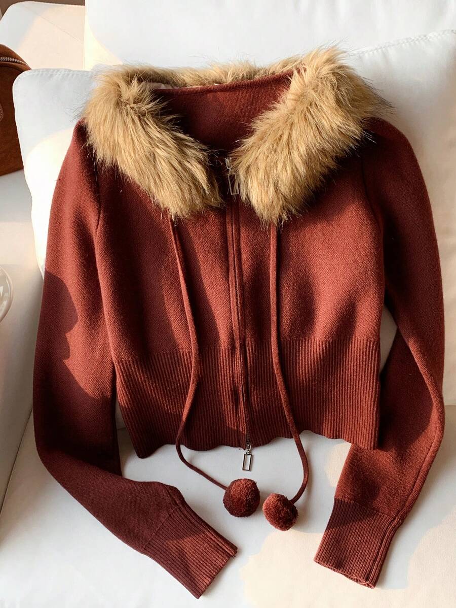 Comfortcana 女士蓬松拼接长袖拉链修身开衫，秋冬款