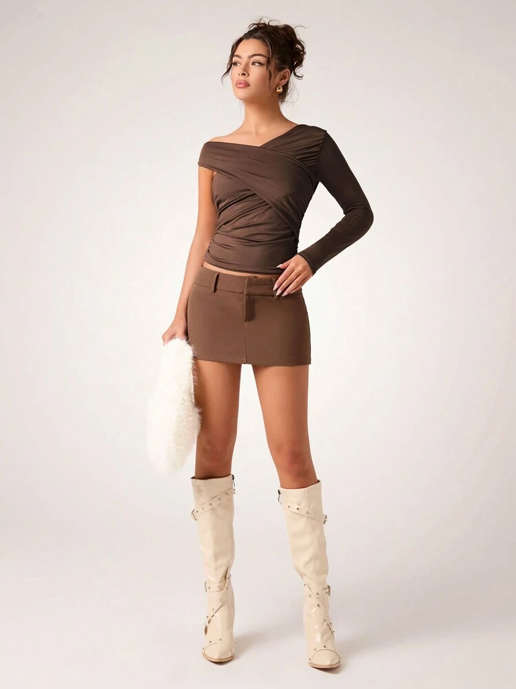 SHEIN Glamour Brown Colour Asymmetrical Neckline Pleated Wrap Slim Fit Long Sleeve Top,Going Out Tops,Sexy Tops Fall Cloth For Women - Coffee Brown - View 6