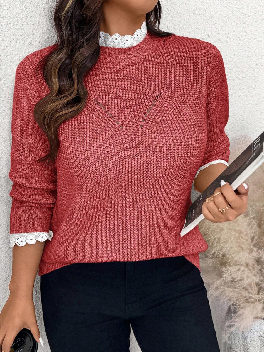SHEIN Frenchy كنزة صوفية كروشيه كبيرة الحجم نسائية بياقة طاقم مزينة بالدانتيل، موضة وأناقة، للفصل الشتوي - الأحمر - مشاهدة 1